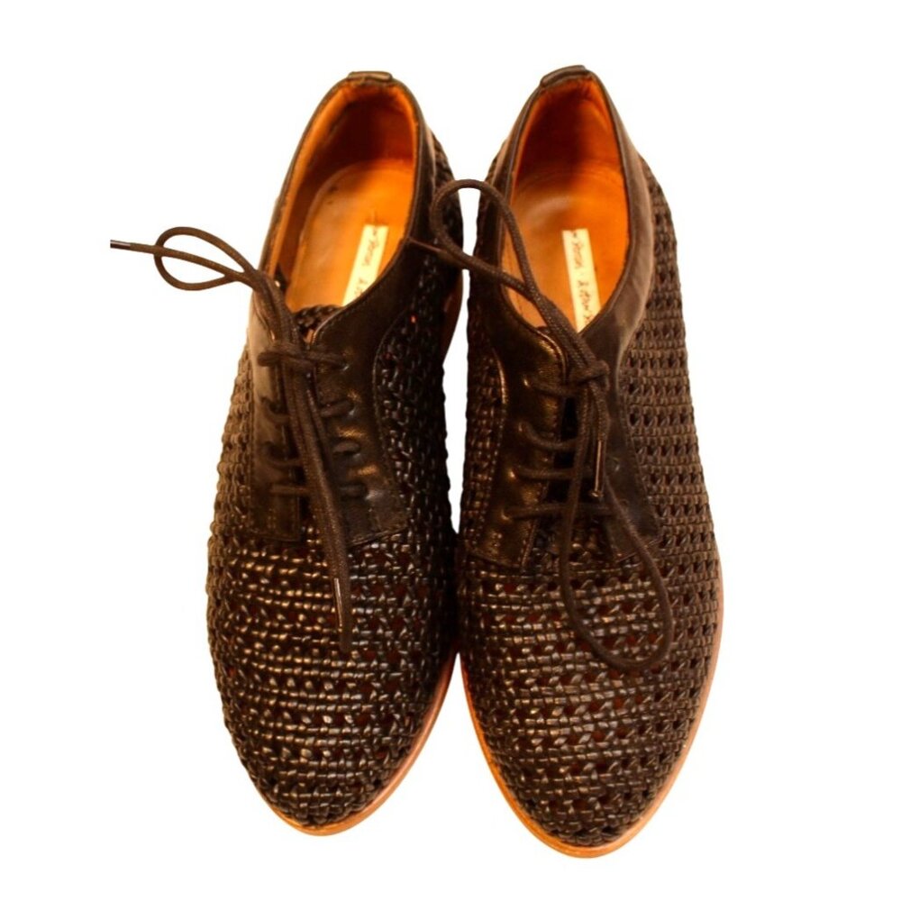 & Other Stories Black Woven Leather Oxford Shoes Lace-Up & Stacked Heel S 6.5
